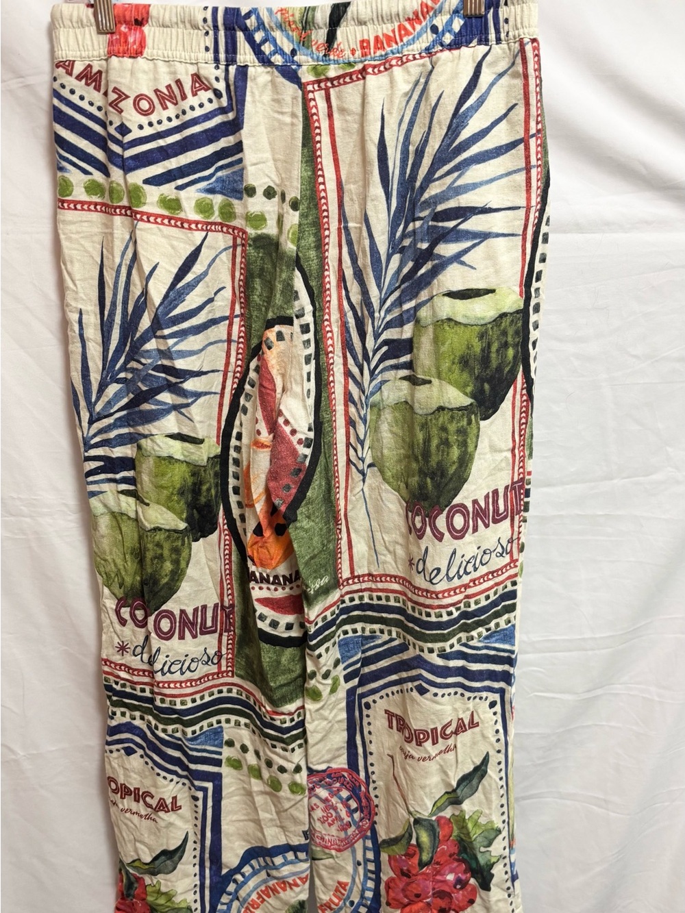 Rachel Zoe Cream Tropical Fruit Print Wide Leg linen Pants - Picture 4 of 9